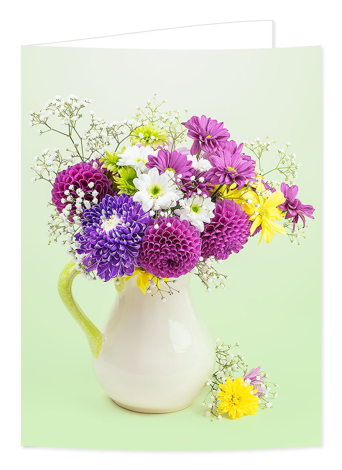 purple dahlia and chrysanthemum bouquet greetings card
