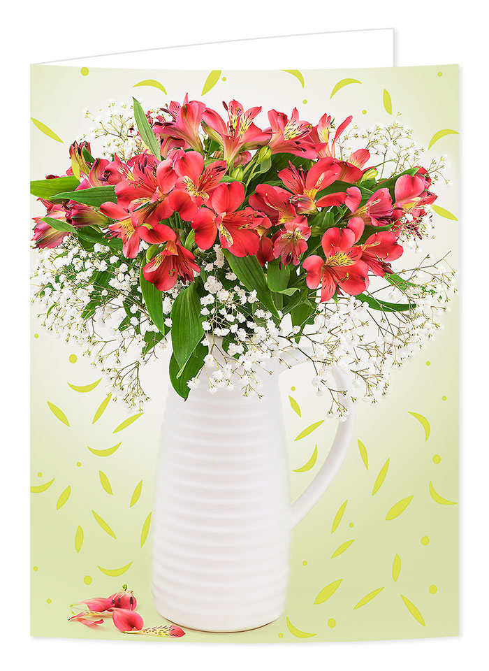 red alstroemerias in a white vase greetings card