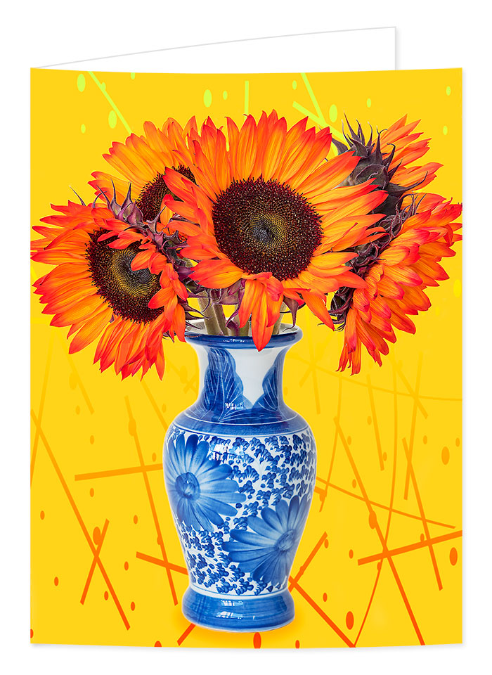red sunflowers bouquet greetings card