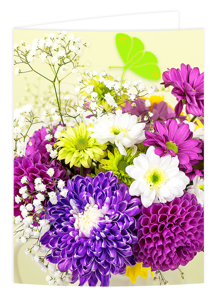 purple dahlias and chrysanthemum greetings card
